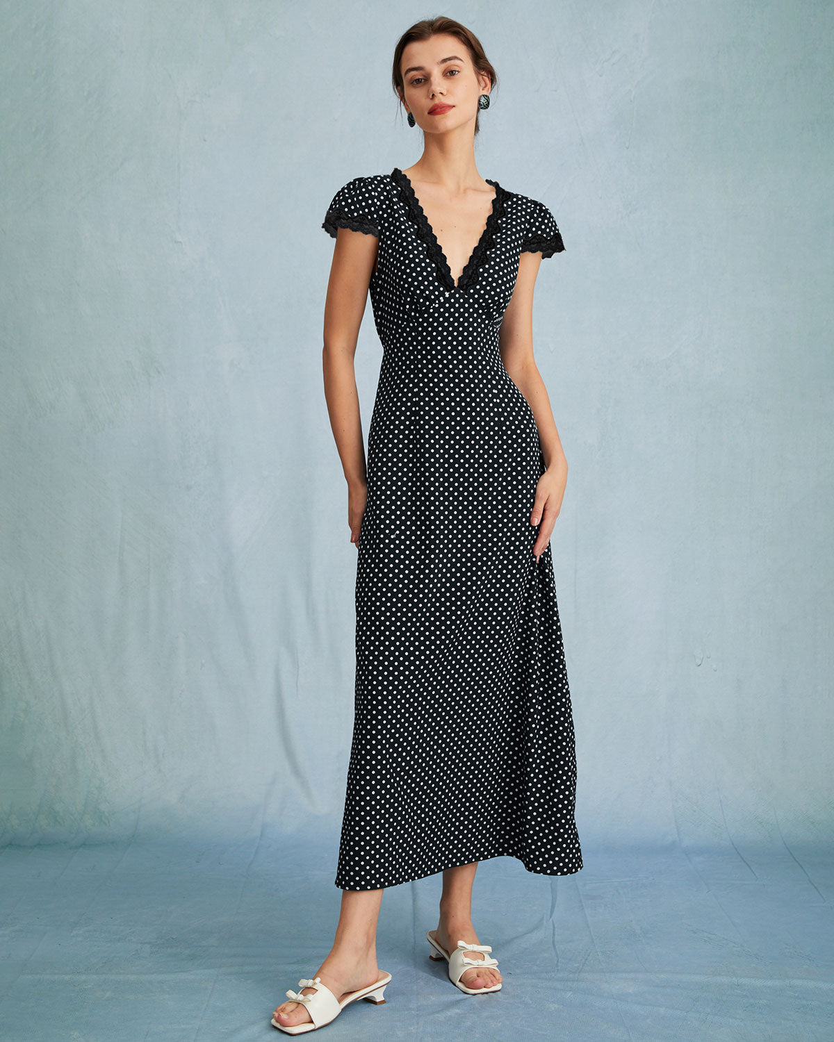 Black Polka Dot V Neck Maxi Dress 2025 New Cheap Online