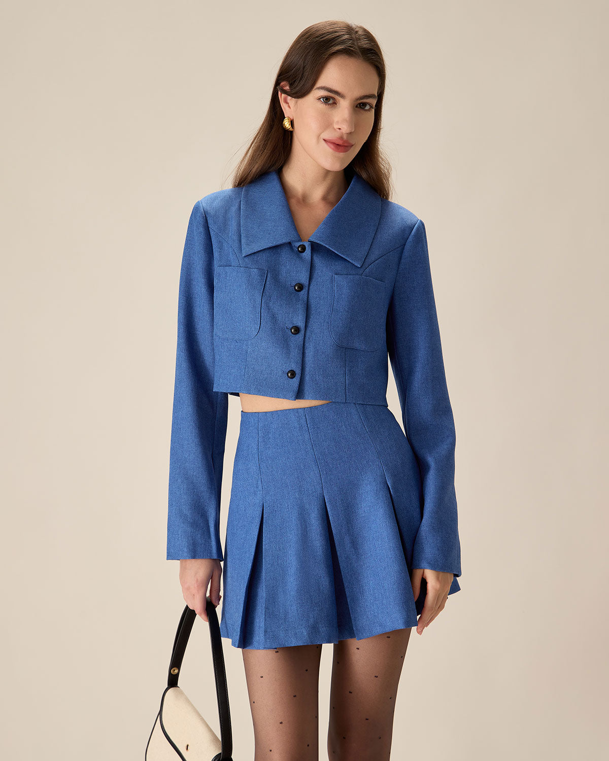 Blue Single-Breasted Pocket Crop Jacket Discount Big Sale