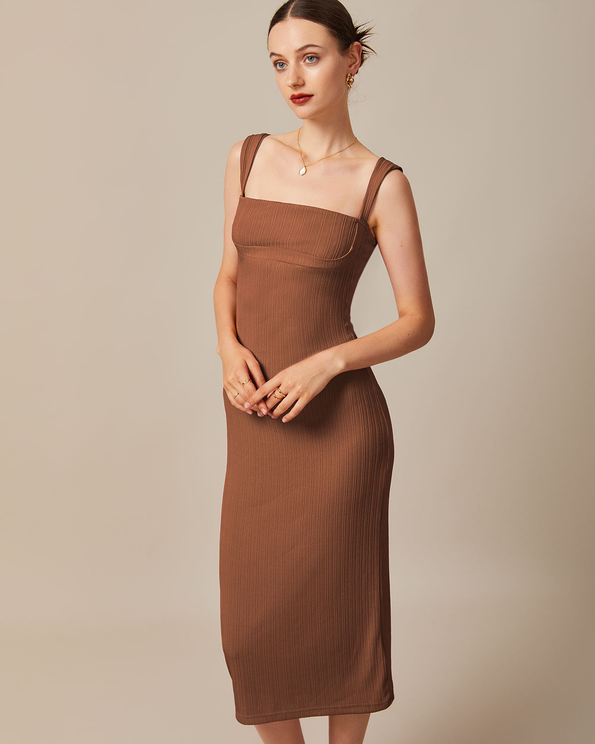 The Caramel Square Neck Ribbed Midi Dress Order Cheap Online