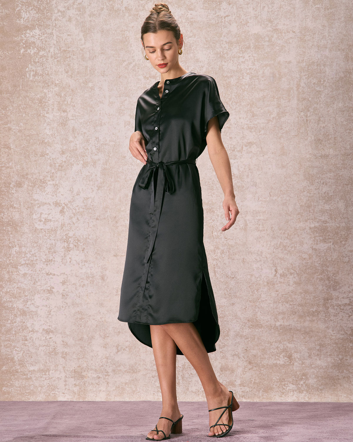 The Black Crew Neck Belted Satin Midi Dress Amazon For Sale