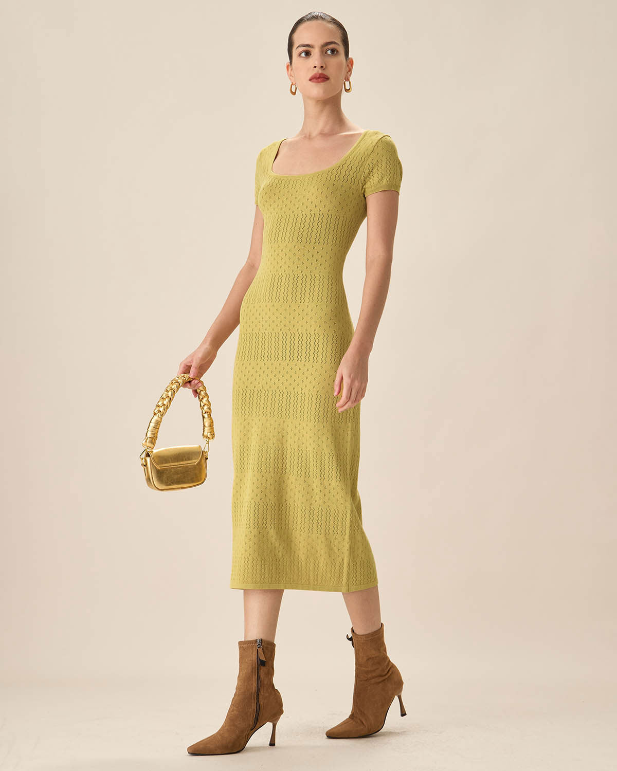 Green Square Neck Bodycon Midi Dress Sale Best Sale