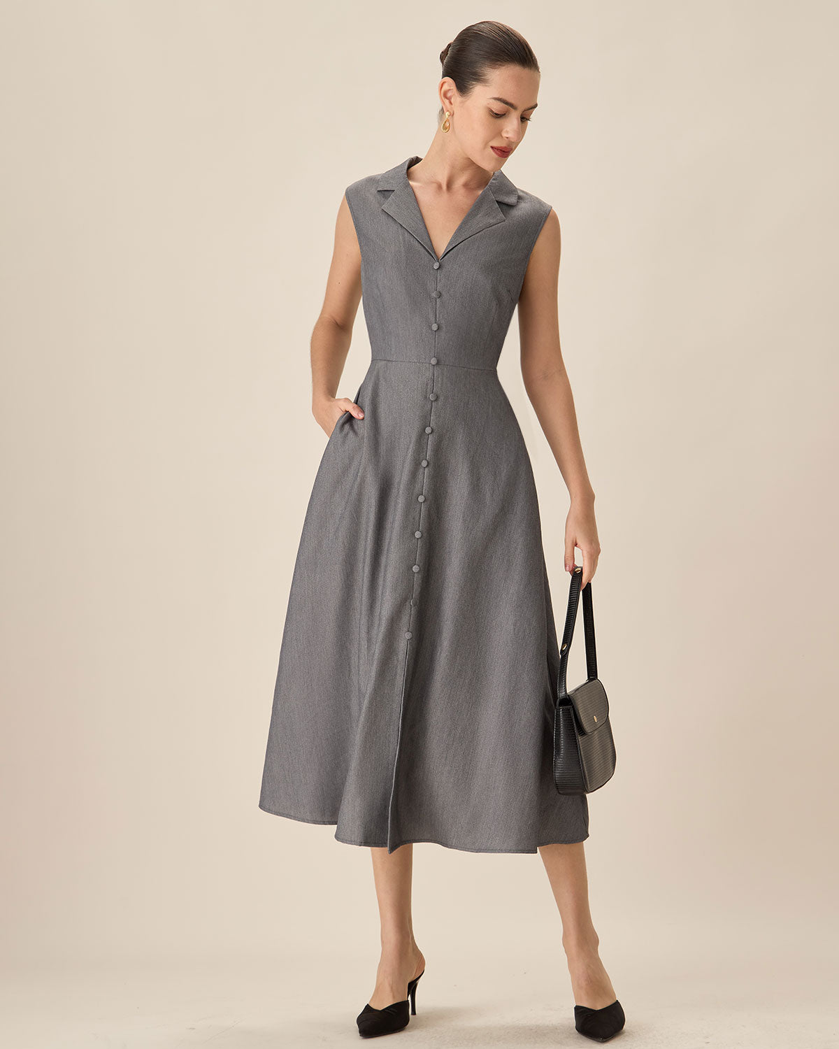 Grey V-Neck Button Midi Dress Buy Cheap Newest