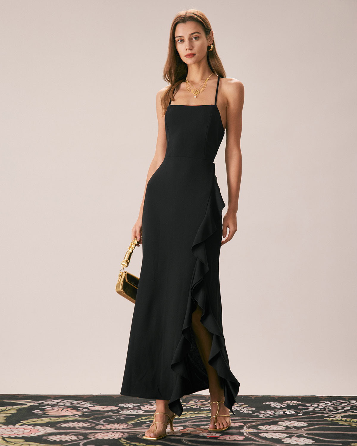 The Black Ruffle Cross Back Strap Maxi Dress Pre Order