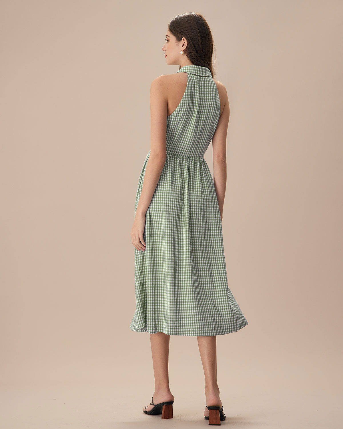 The Green Lapel Plaid Sleeveless Shirt Midi Dress View