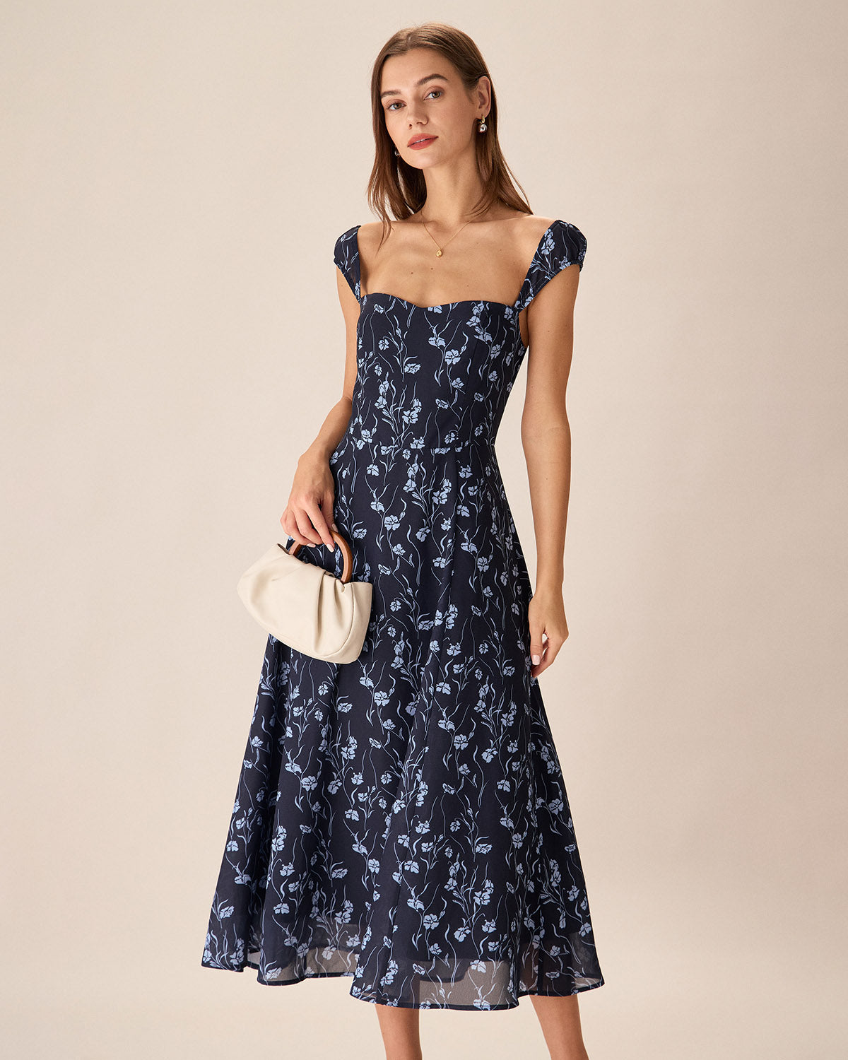 Navy Floral Sweetheart Neck Midi Dress Genuine Sale Online