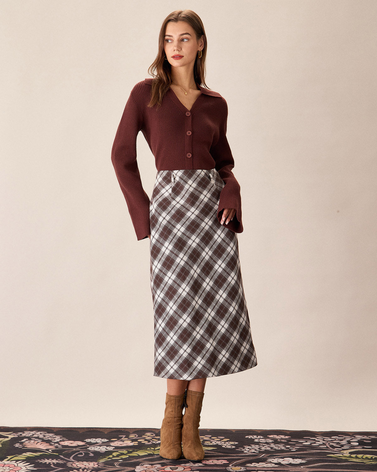 Brown Plaid Slit Satin Midi Skirt Discount Looking For