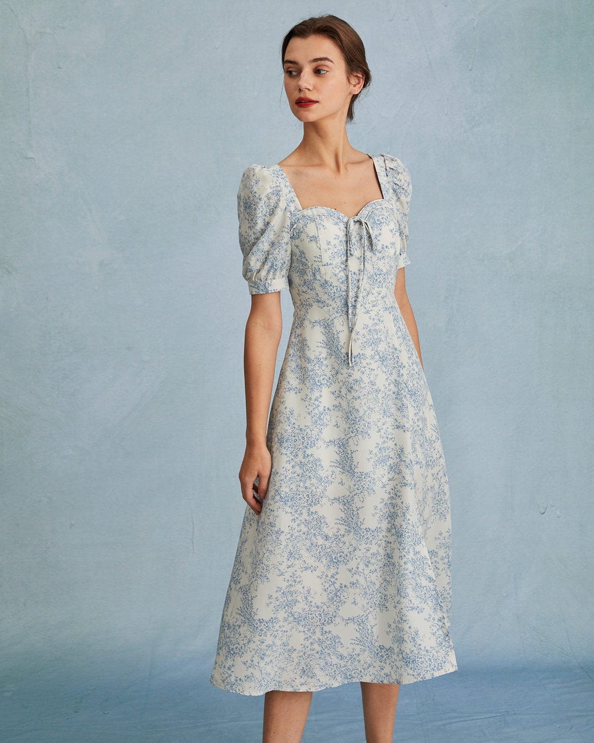 The Blue Sweetheart Neck Puff Sleeve Floral Midi Dress Low Cost Cheap Pice