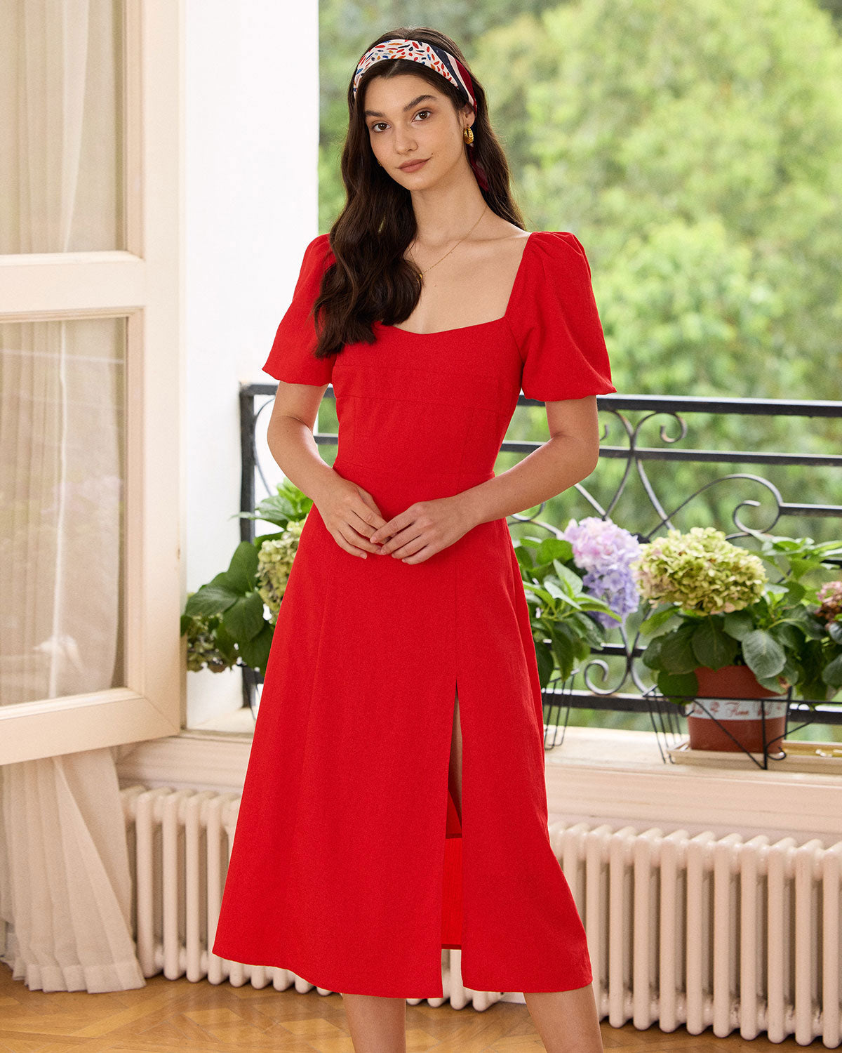 The Red Sweetheart Neck Slit Midi Dress Collections For Sale