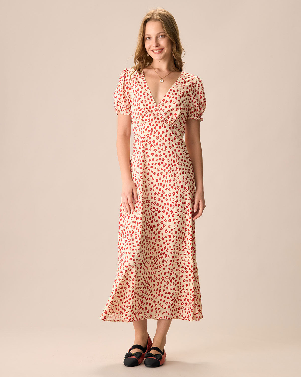 The Red V-Neck Floral Puff Sleeve Maxi Dress Outlet Reliable