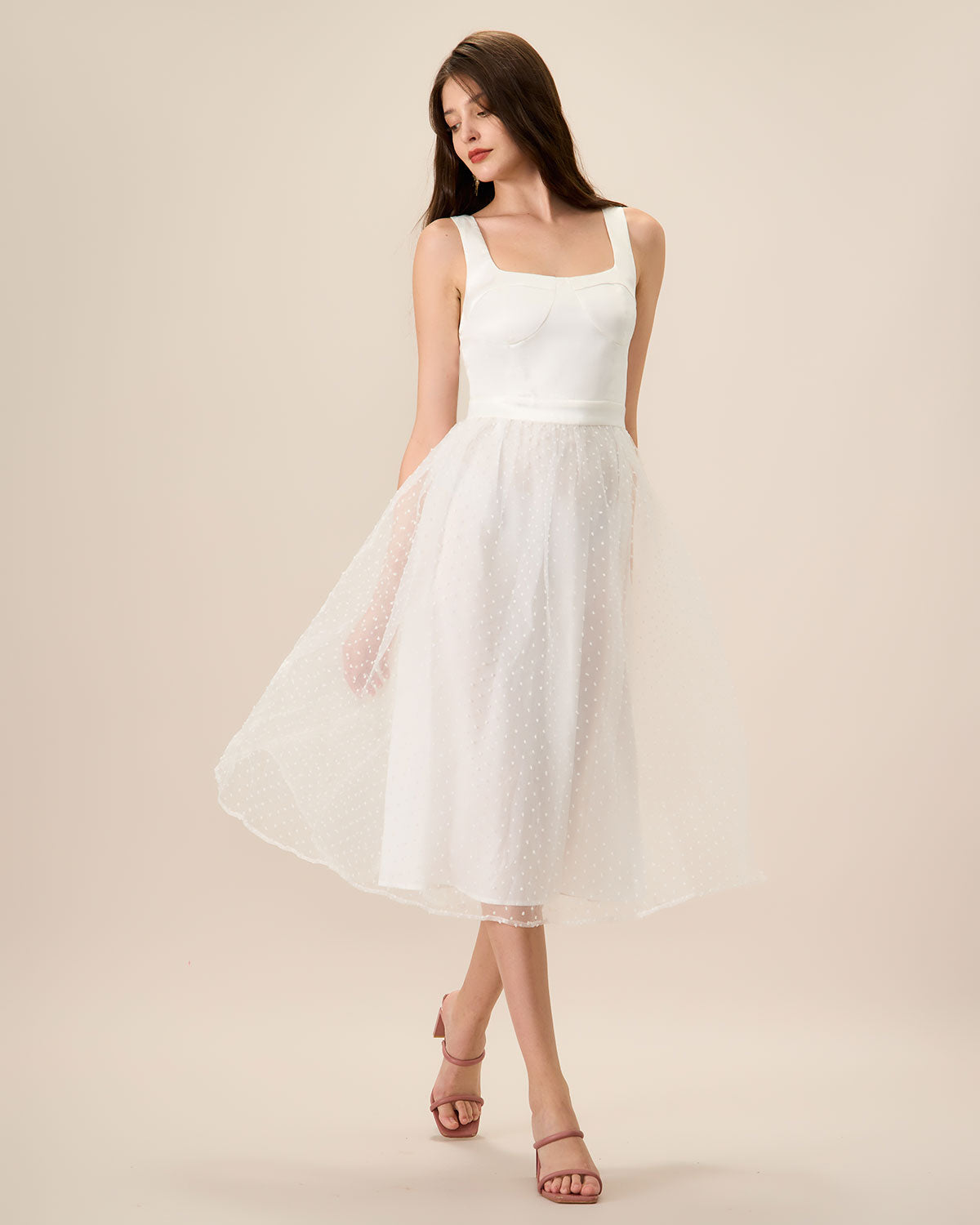 Women's White See-Through Splicing Midi Dress