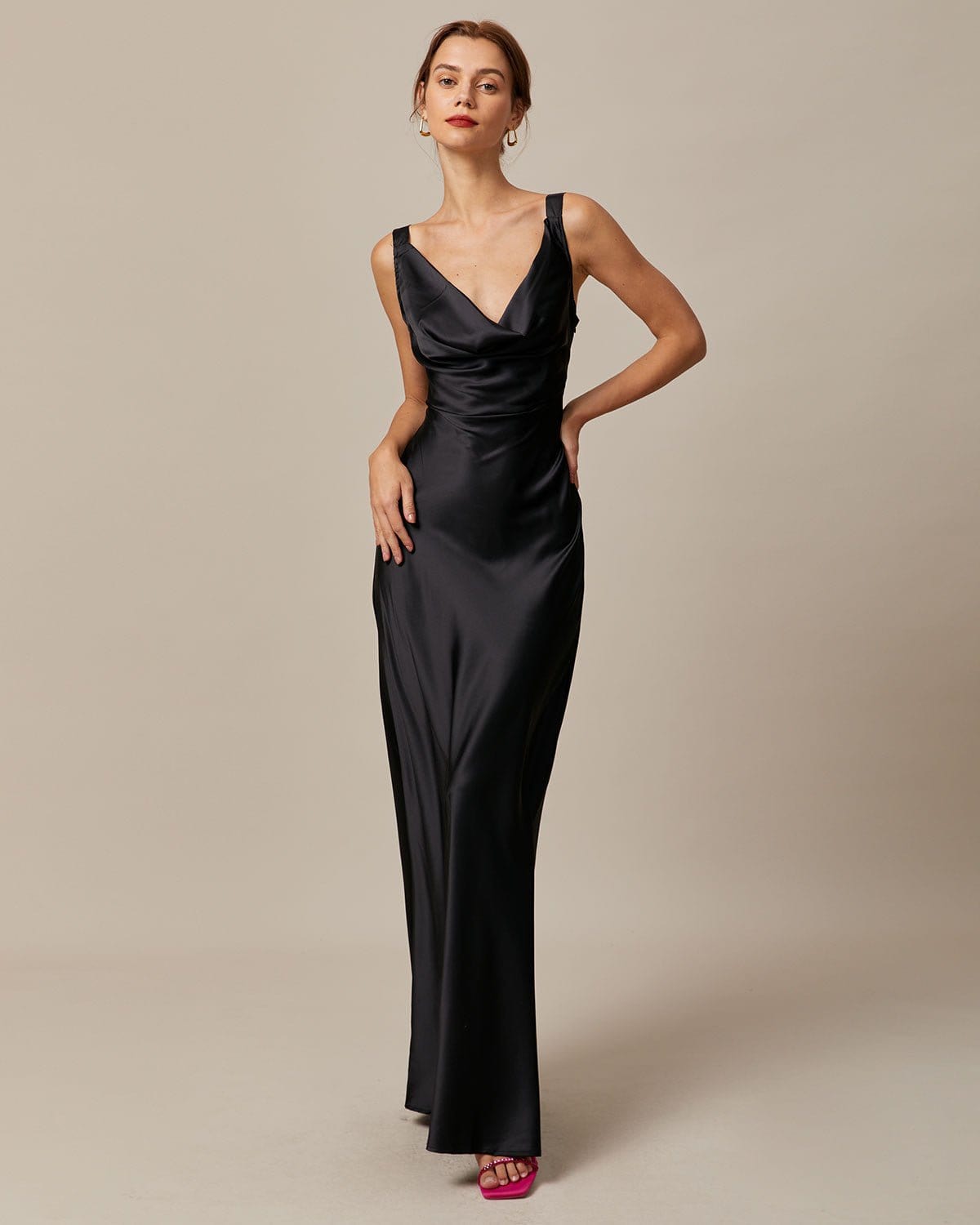 The Black Cowl Neck Sheath Satin Maxi Dress Outlet Amazing Pice