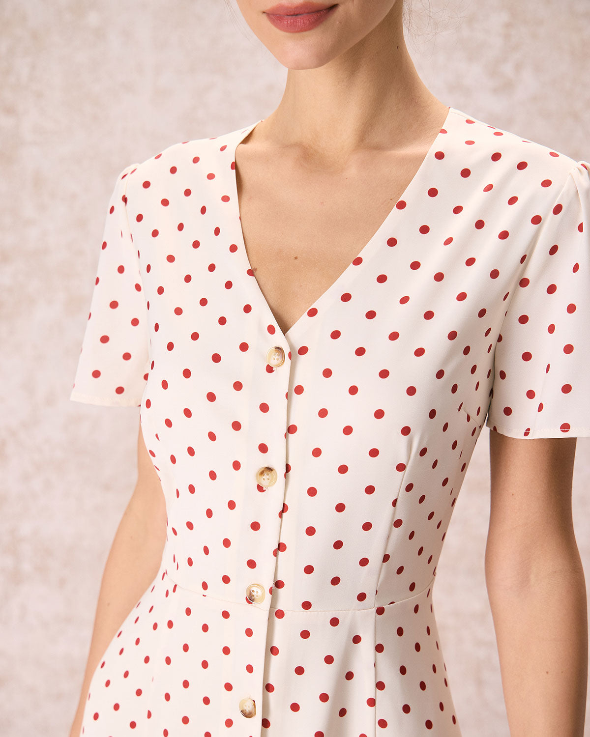 The Beige V Neck Polka Dot Button Midi Dress Free Shipping 2025 Unisex