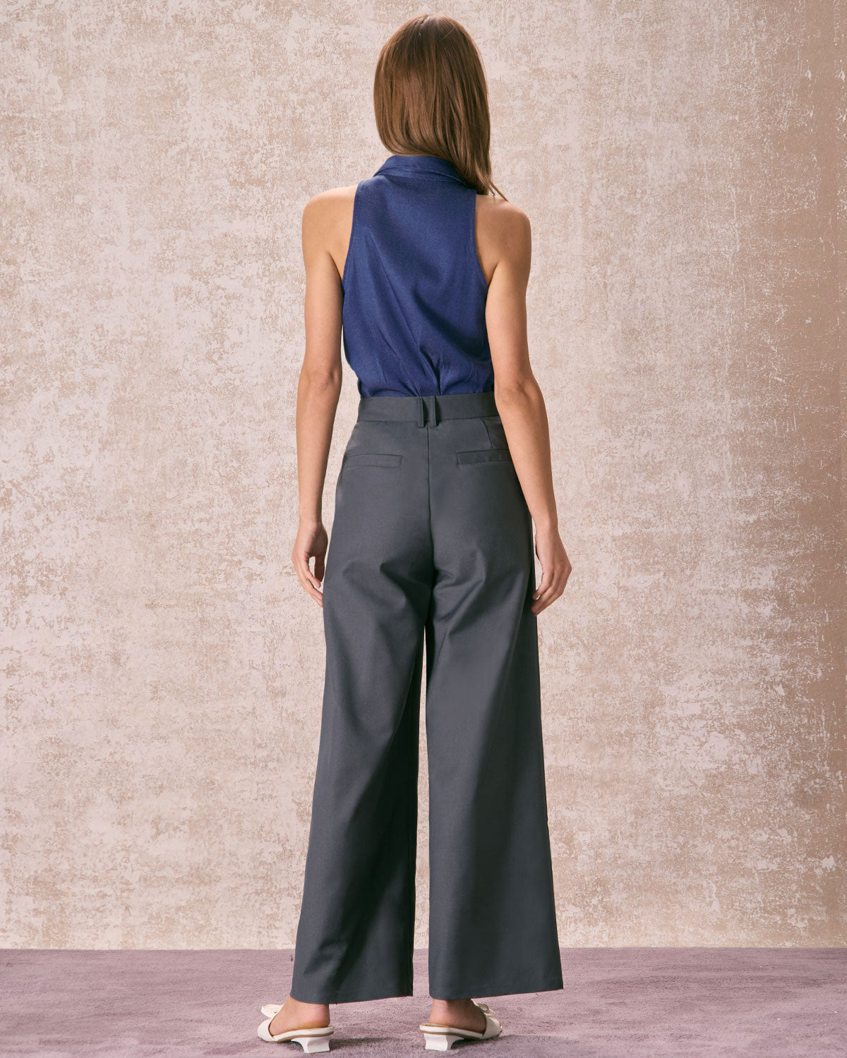 The Grey High Waisted Pleated Straight Pants Discount Explore