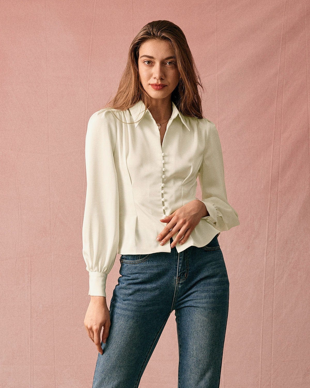 The Solid Collared Puff Sleeve Satin Blouse Clearance Pictures