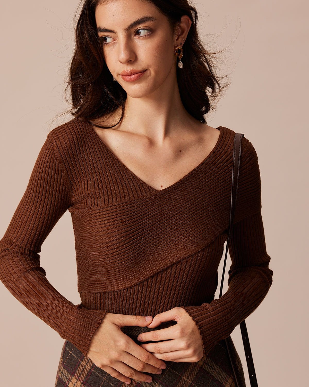 The Coffee V Neck Criss-Cross Wrap Knit Top Cheap Fashion Style