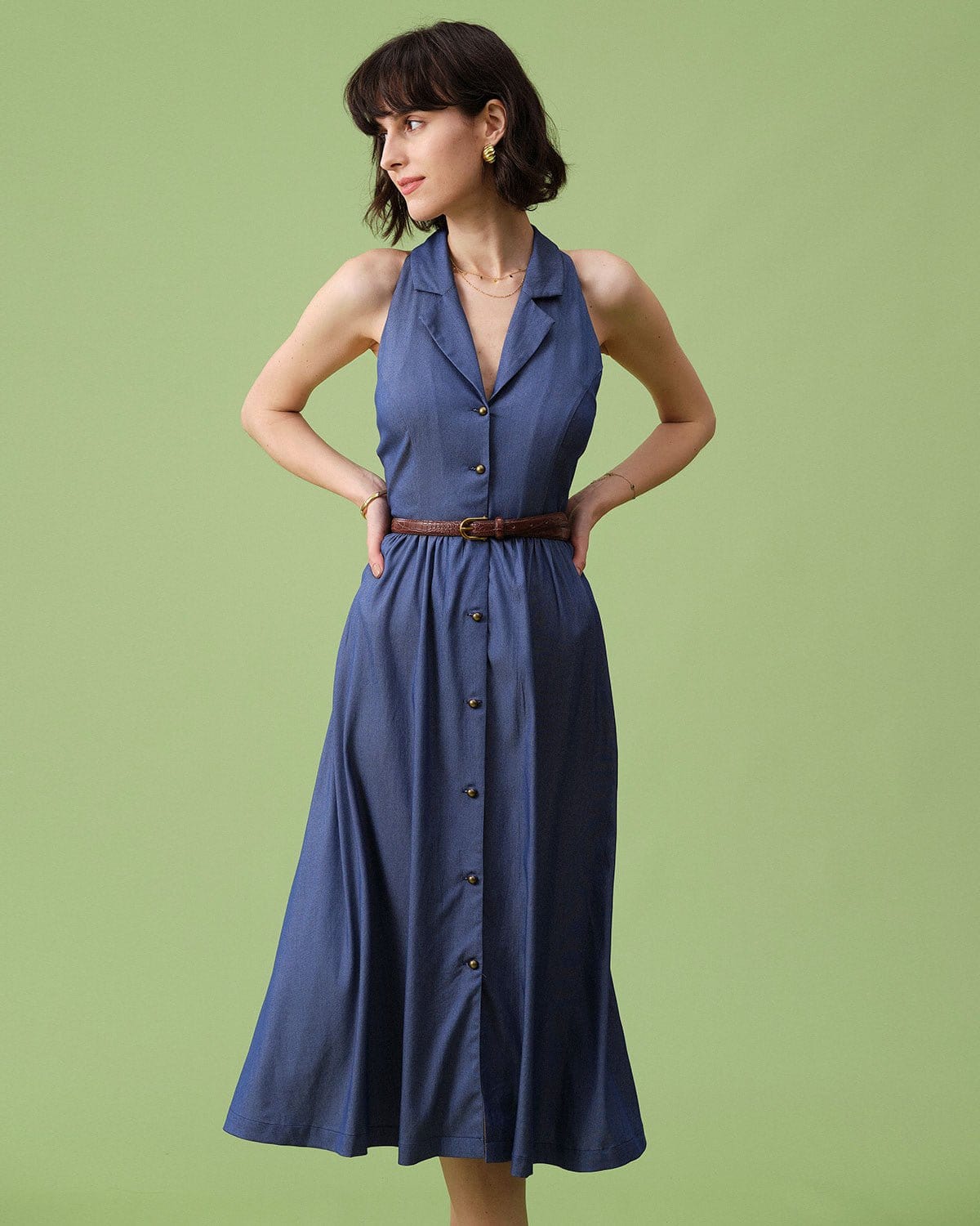 The Blue Lapel Tunic Sleeveless Midi Dress Cheap Pirce