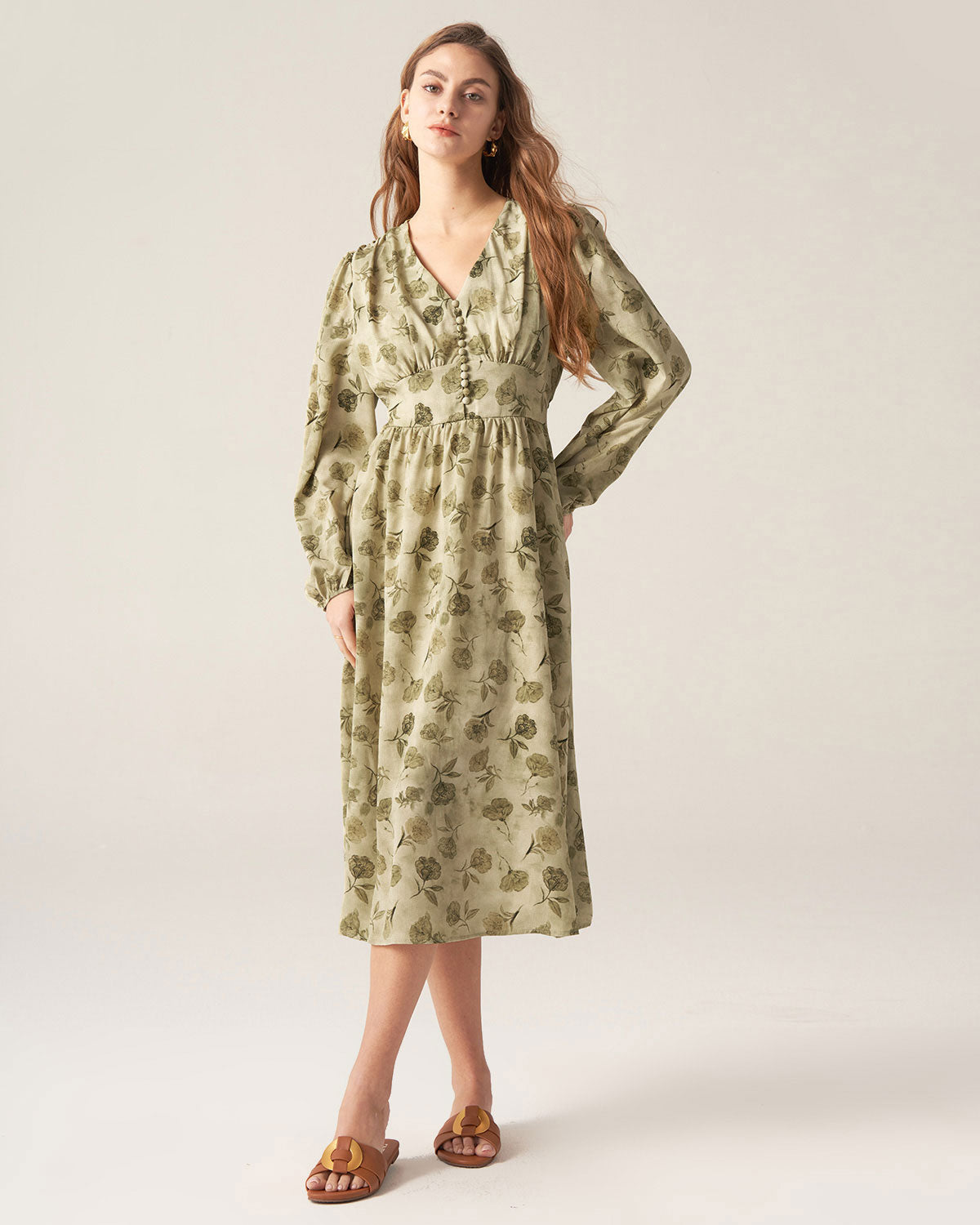 Green Floral Lantern Sleeve Midi Dress For Cheap Sale Online