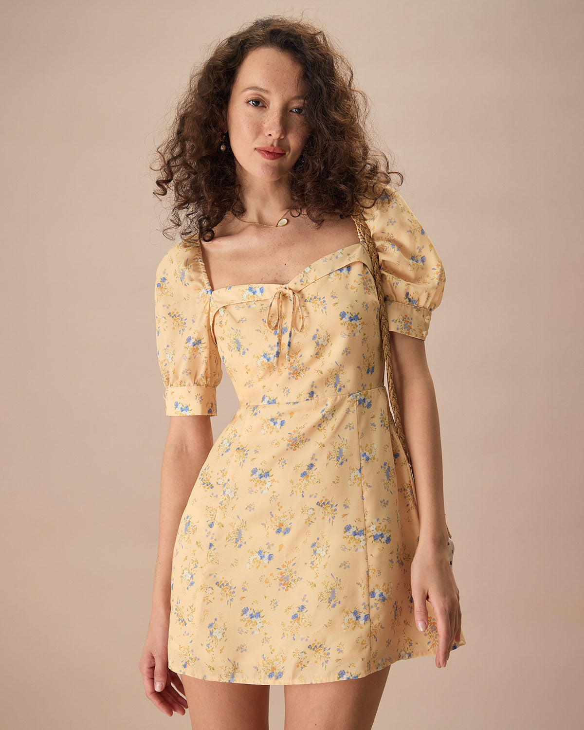 The Yellow Sweetheart Neck Floral Mini Dress Outlet Clearance