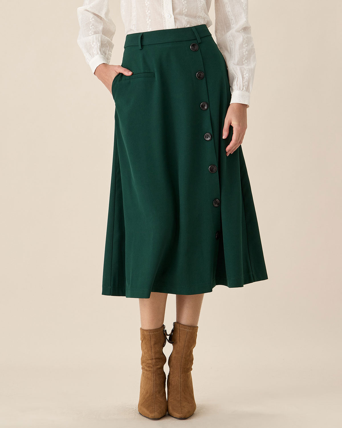 Green High-waisted Button Midi Skirt Cheap Sale Pick A Best