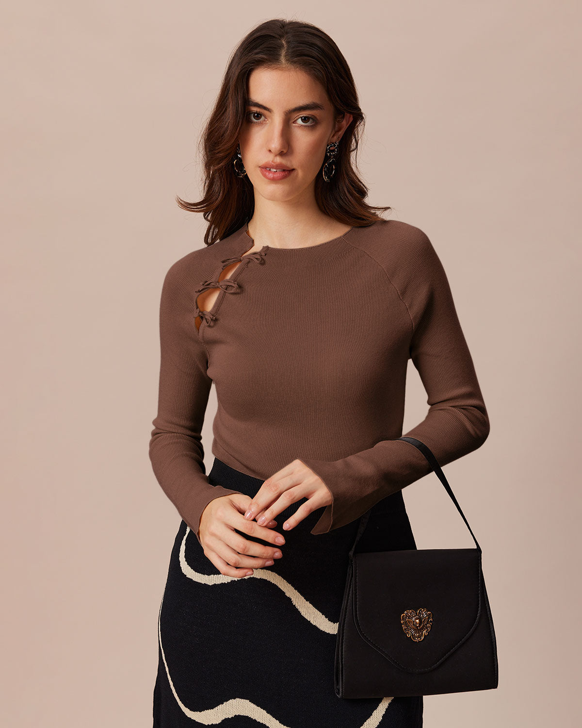 The Brown Ribbed Cut Out Bowknot Knit Top Discount Professional