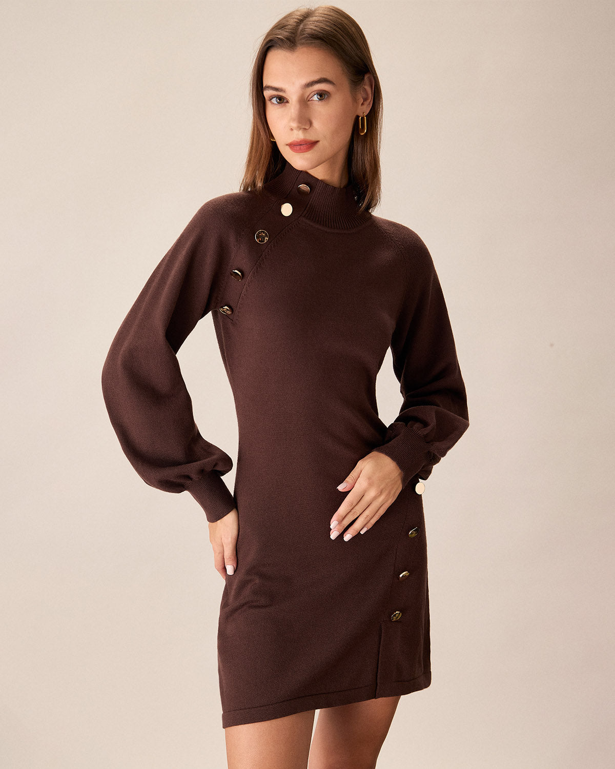 Brown Mock Neck Button Sweater Dress Sast Sale Online