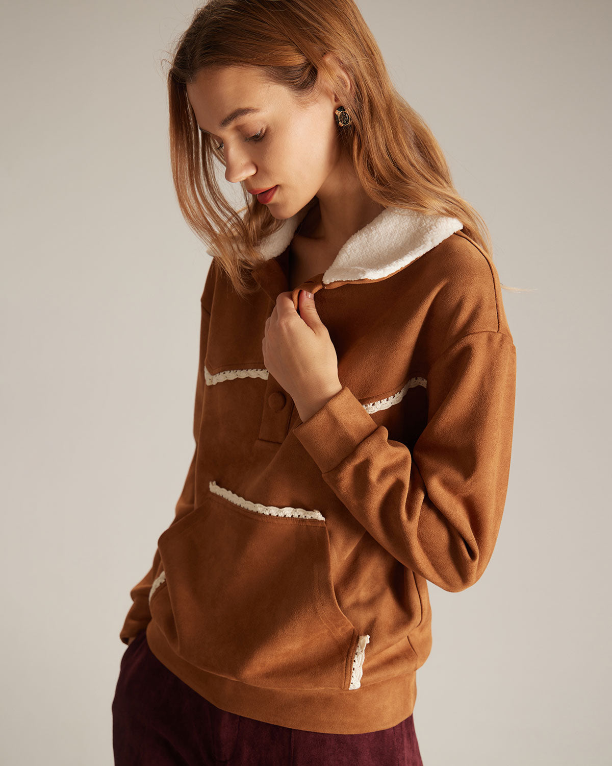 The Brown Lapel Button Suede Sweatshirt Store Cheap Online