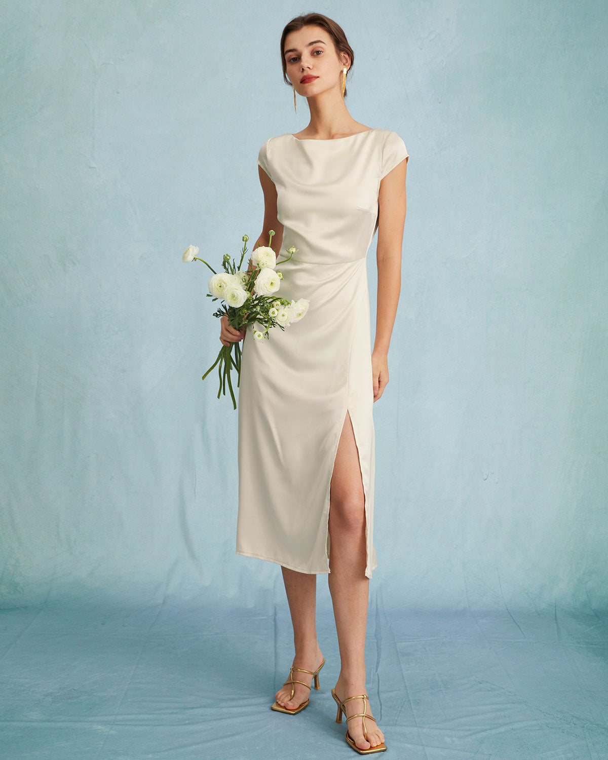 The Apricot Satin Cap Sleeve Sheath Slit Midi Dress Nicekicks