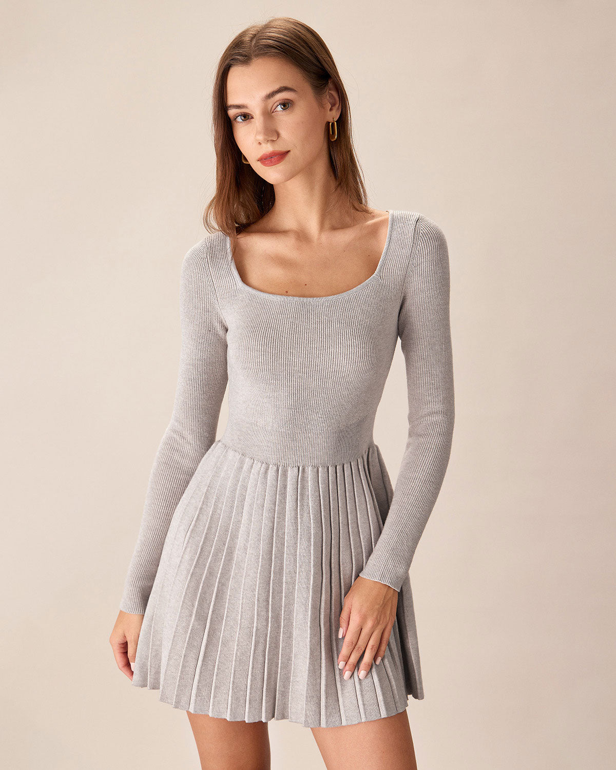 Apricot Square Neck Pleated Sweater Dress Clearance In China