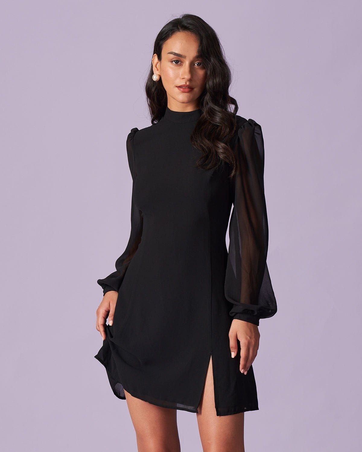 The Black Stand Collar Sheer Slit Mini Dress Sale Low Pice Fee Shipping