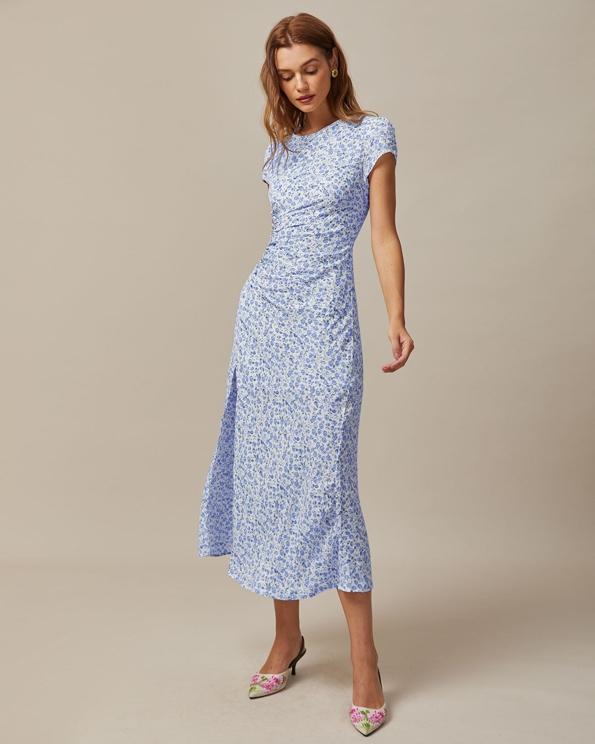 The Blue Round Neck Floral Slit Midi Dress Clearance Explore