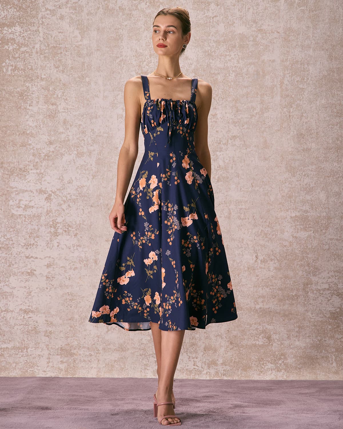 The Navy Lace Up Floral Ruched Midi Dress Discount High Quality