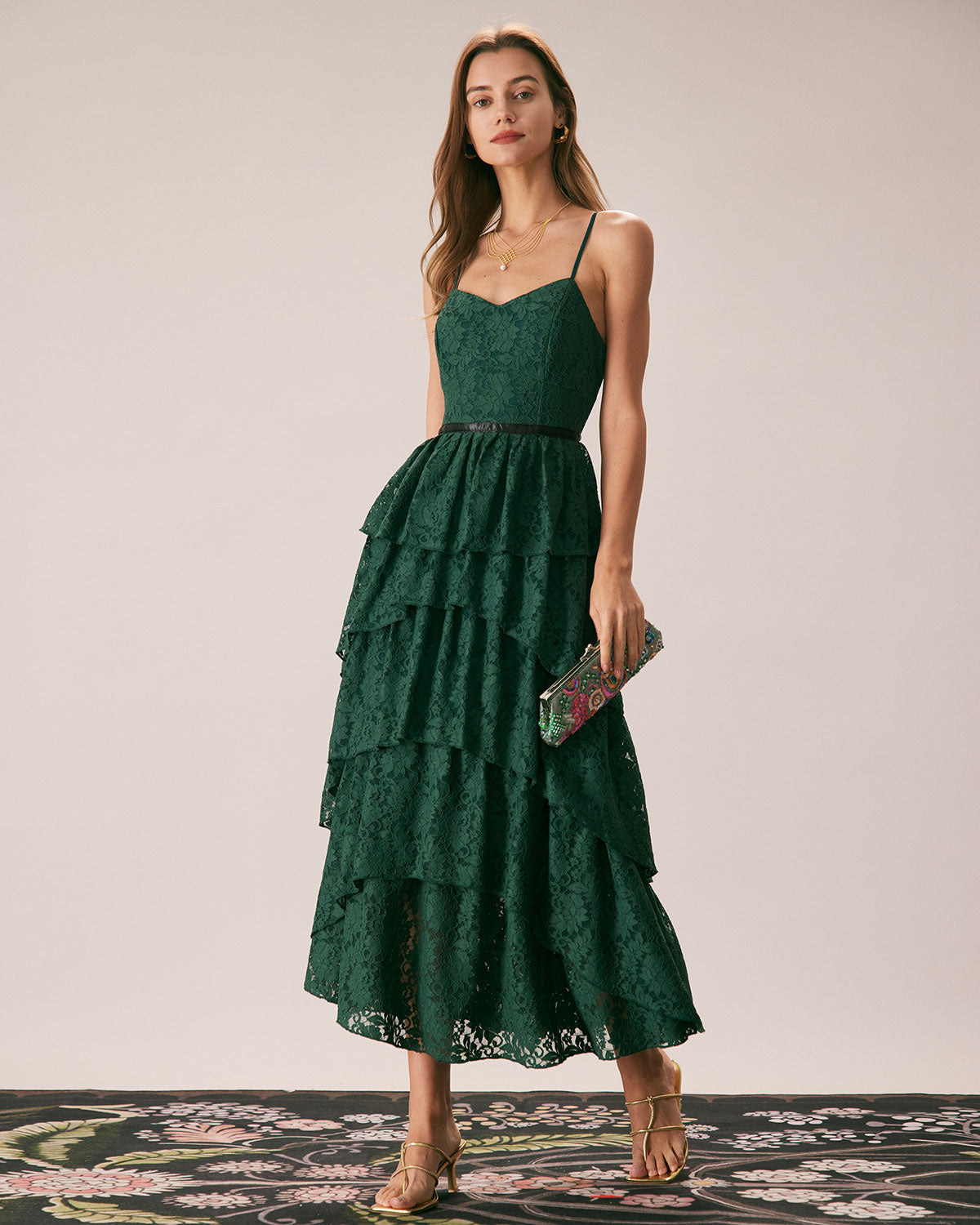 The Green Sweetheart Neck Lace Maxi Dress For Sale Wholesale Pice
