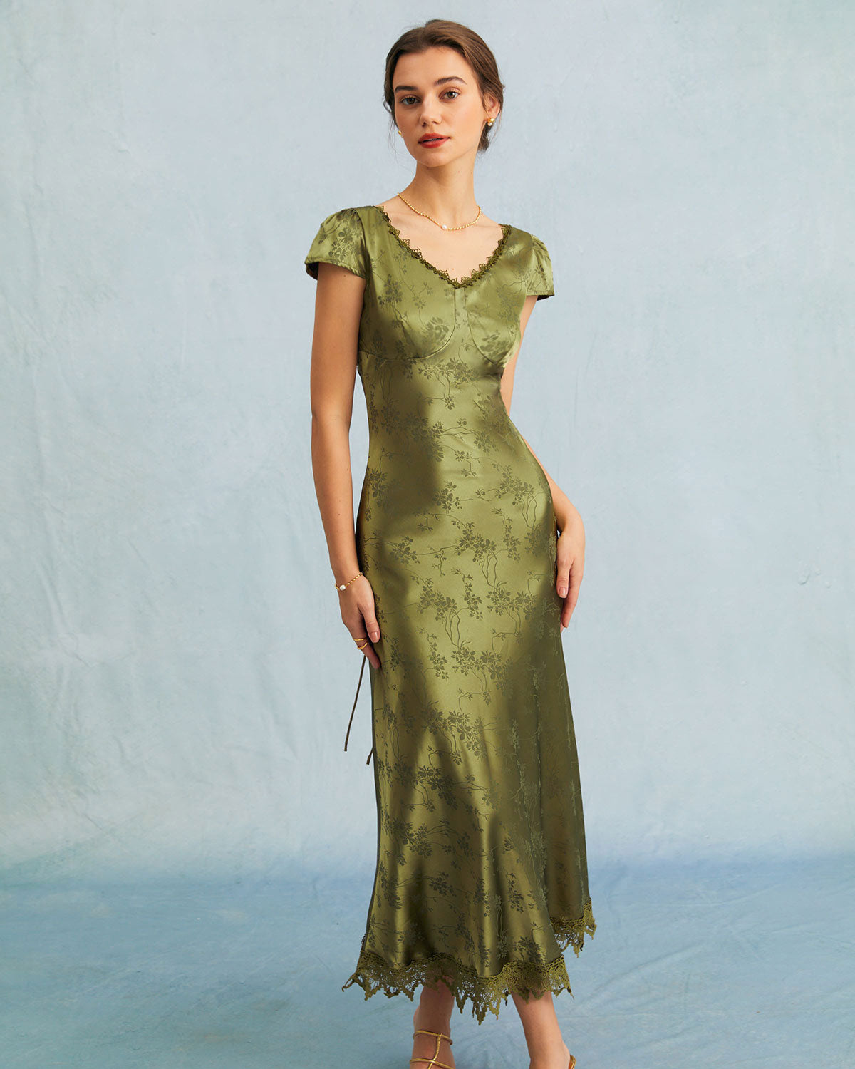 The Green Jacquard Cap Sleeve Satin Midi Dress Cheap Sale Newest