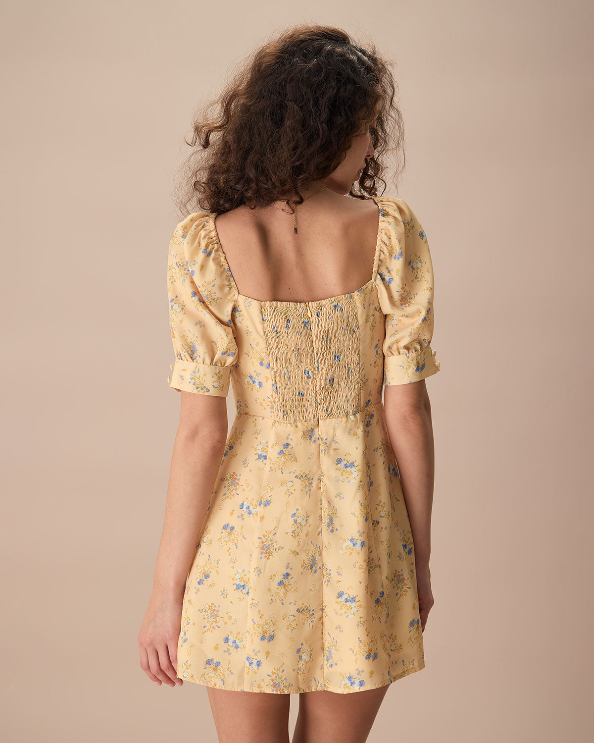 The Yellow Sweetheart Neck Floral Mini Dress Outlet Clearance