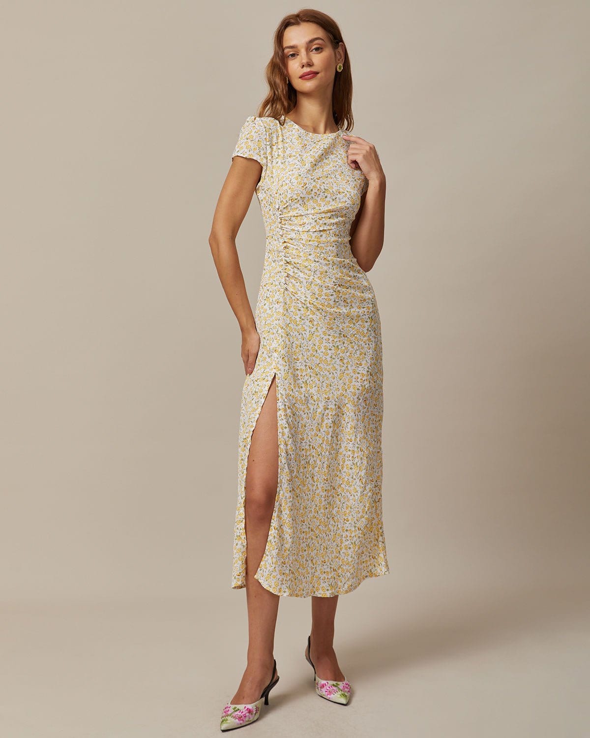 The Yellow Round Neck Floral Midi Dress Free Shipping Pices