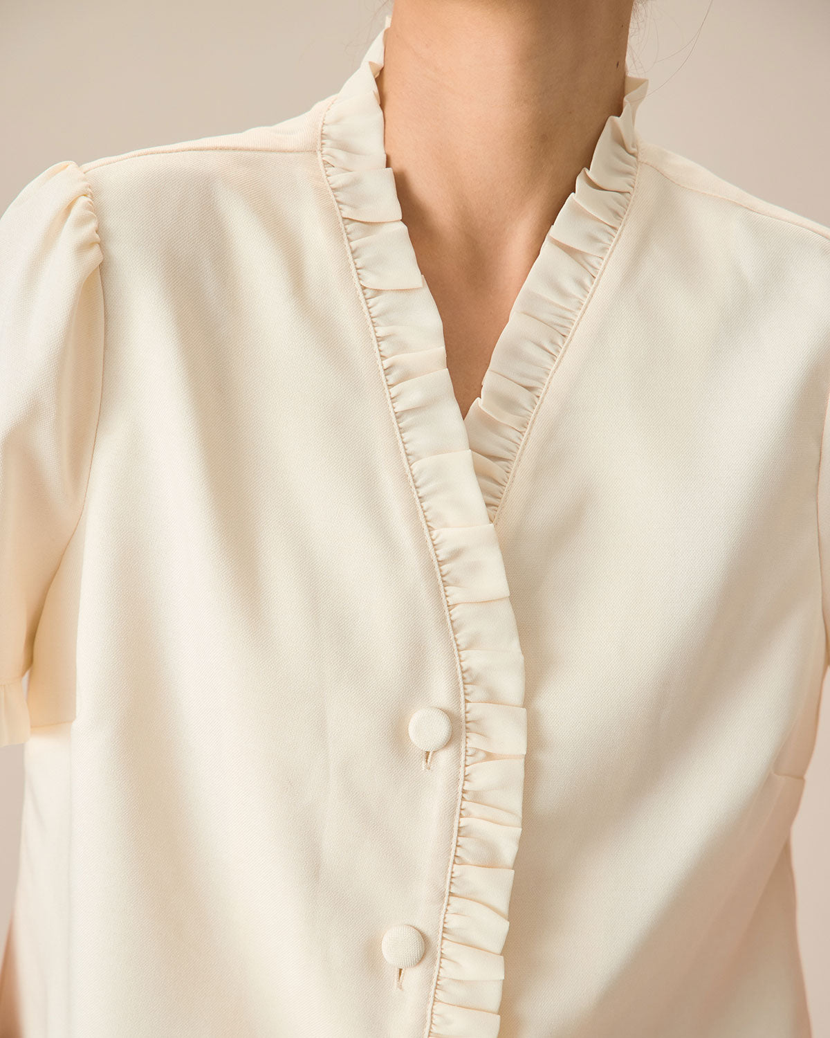 Women's Beige V-Neck Ruffle Blouse