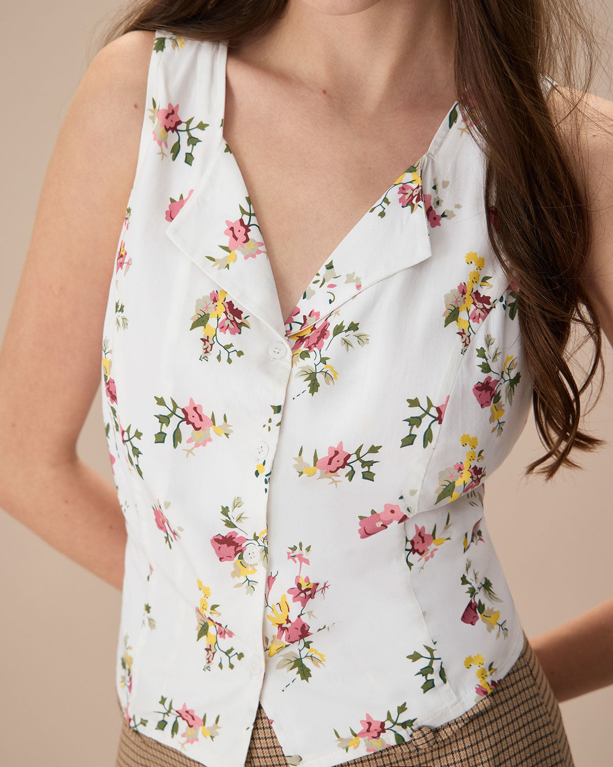 The White V Neck Floral Button Sleeveless Shirt Cheapest Pice