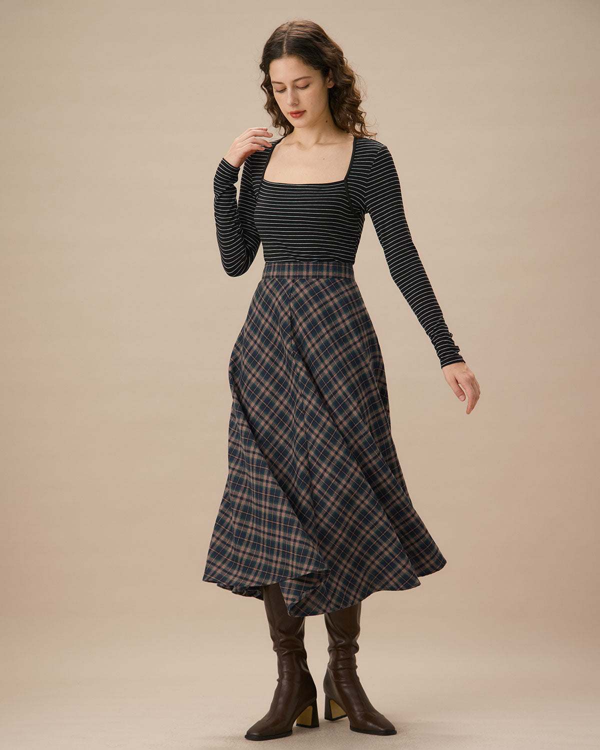 Navy Plaid Flared Midi Skirt Discount Best Pices