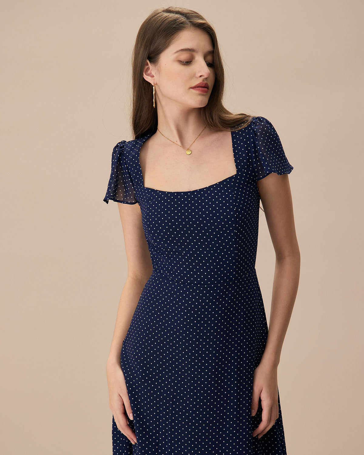 The Navy Polka Dot Cutout Midi Dress In China Cheap Online