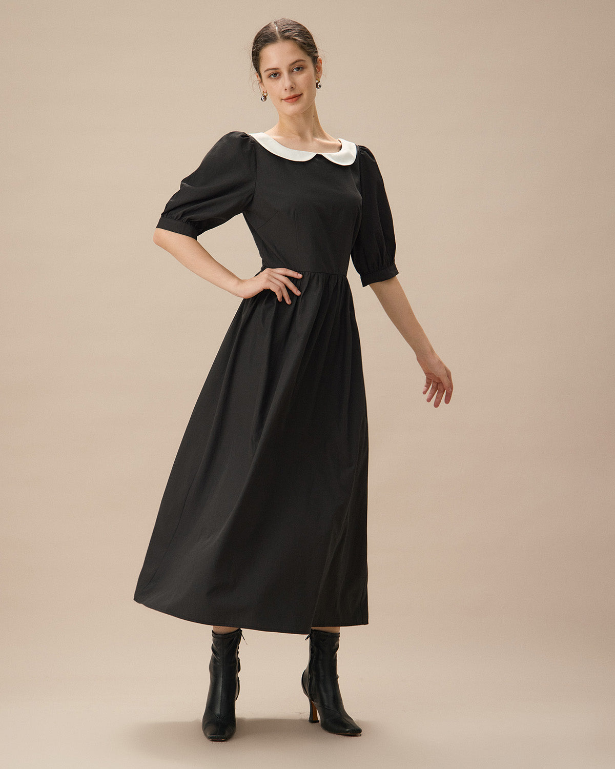 Black Contrasting Puffed Sleeve Maxi Dress Cheap Sale With Paypal