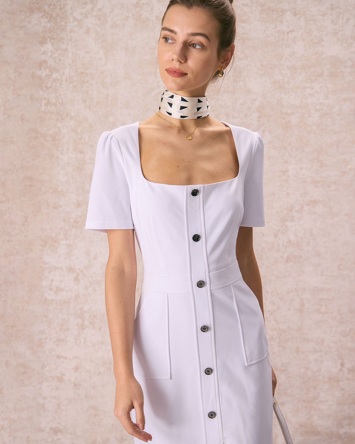 The White Square Neck Buttoned Midi Dress Store Sale Online