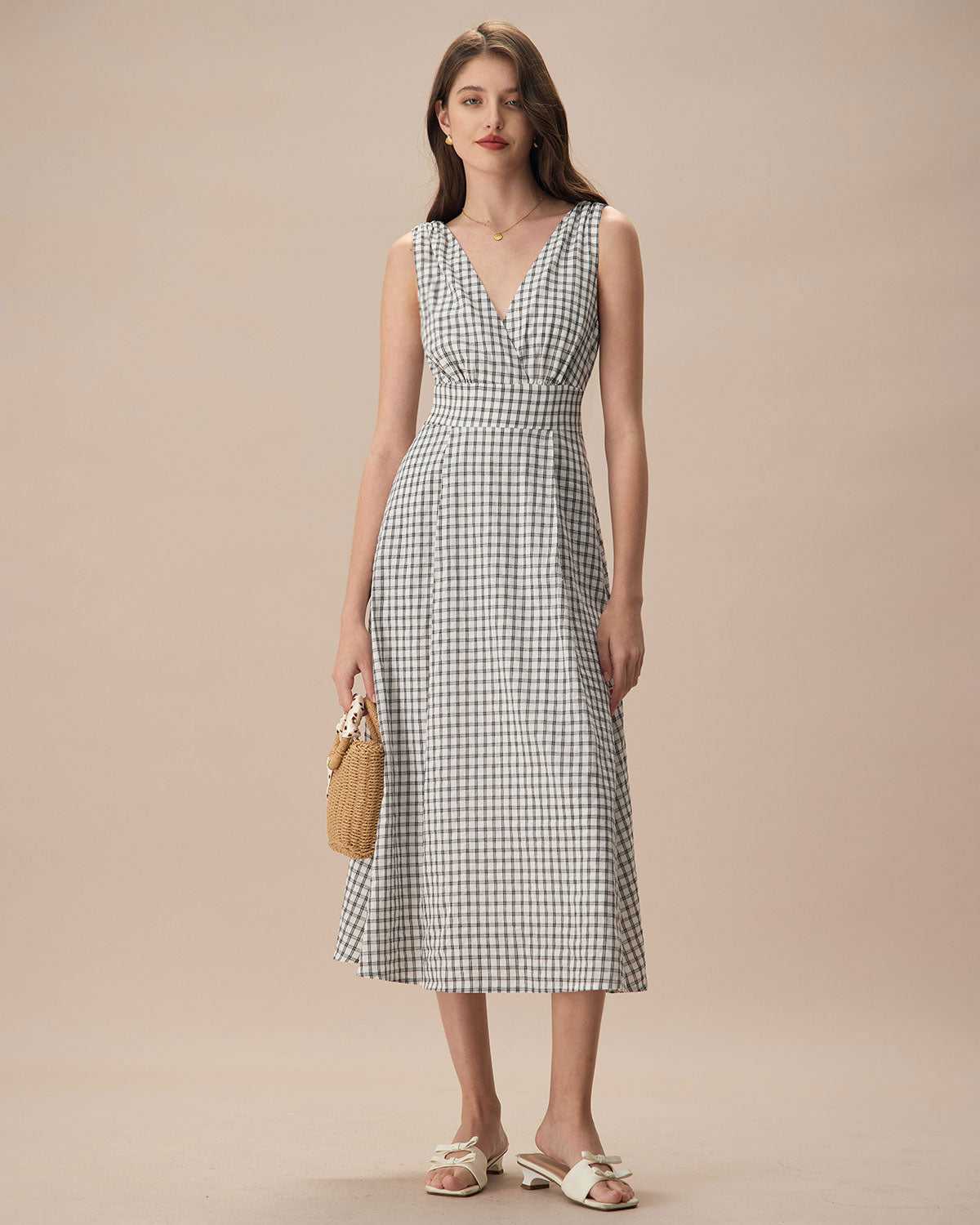 The Black V-Neck Plaid Tie Strap Cotton Midi Dress Best Store To Get Cheap Online