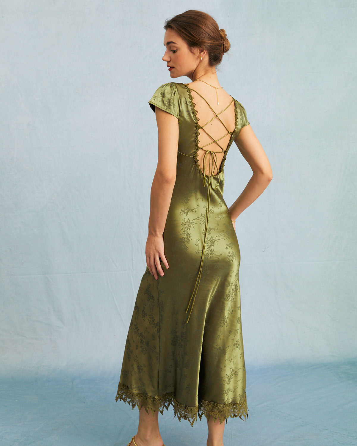 The Green Jacquard Cap Sleeve Satin Midi Dress Cheap Sale Newest