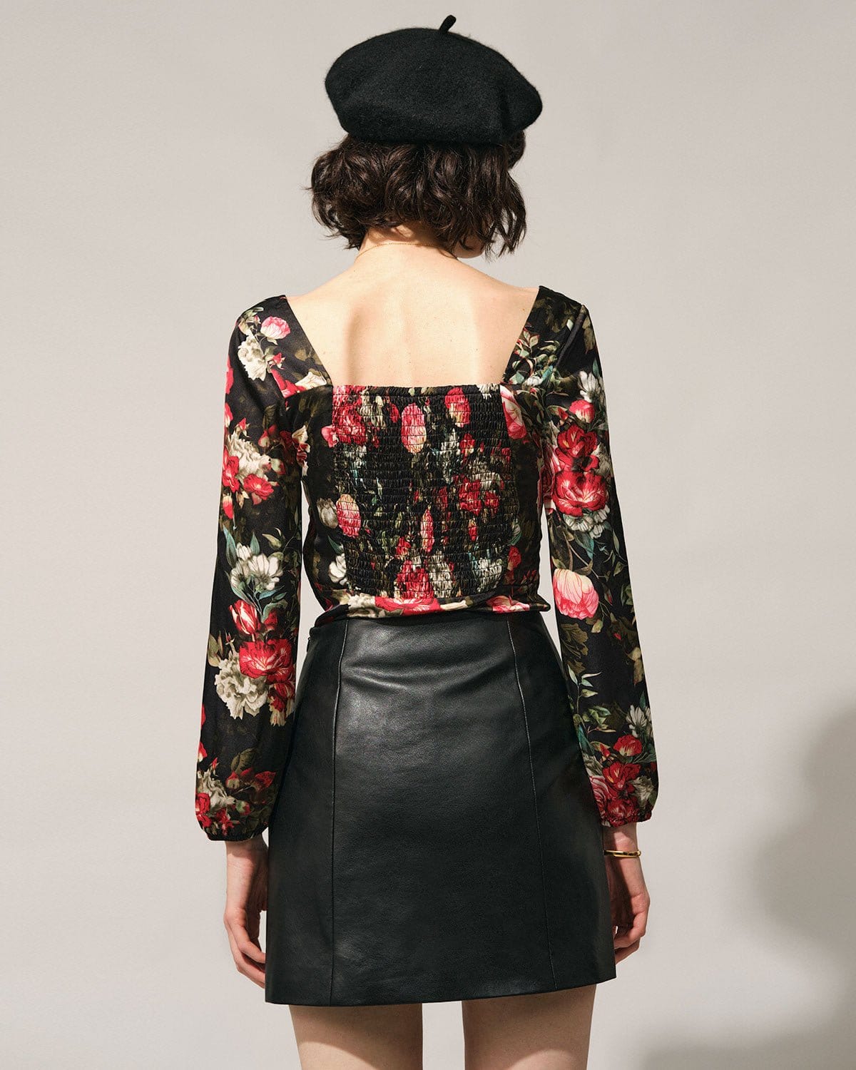 The Black Square Neck Floral Satin Blouse Best Sale For Sale