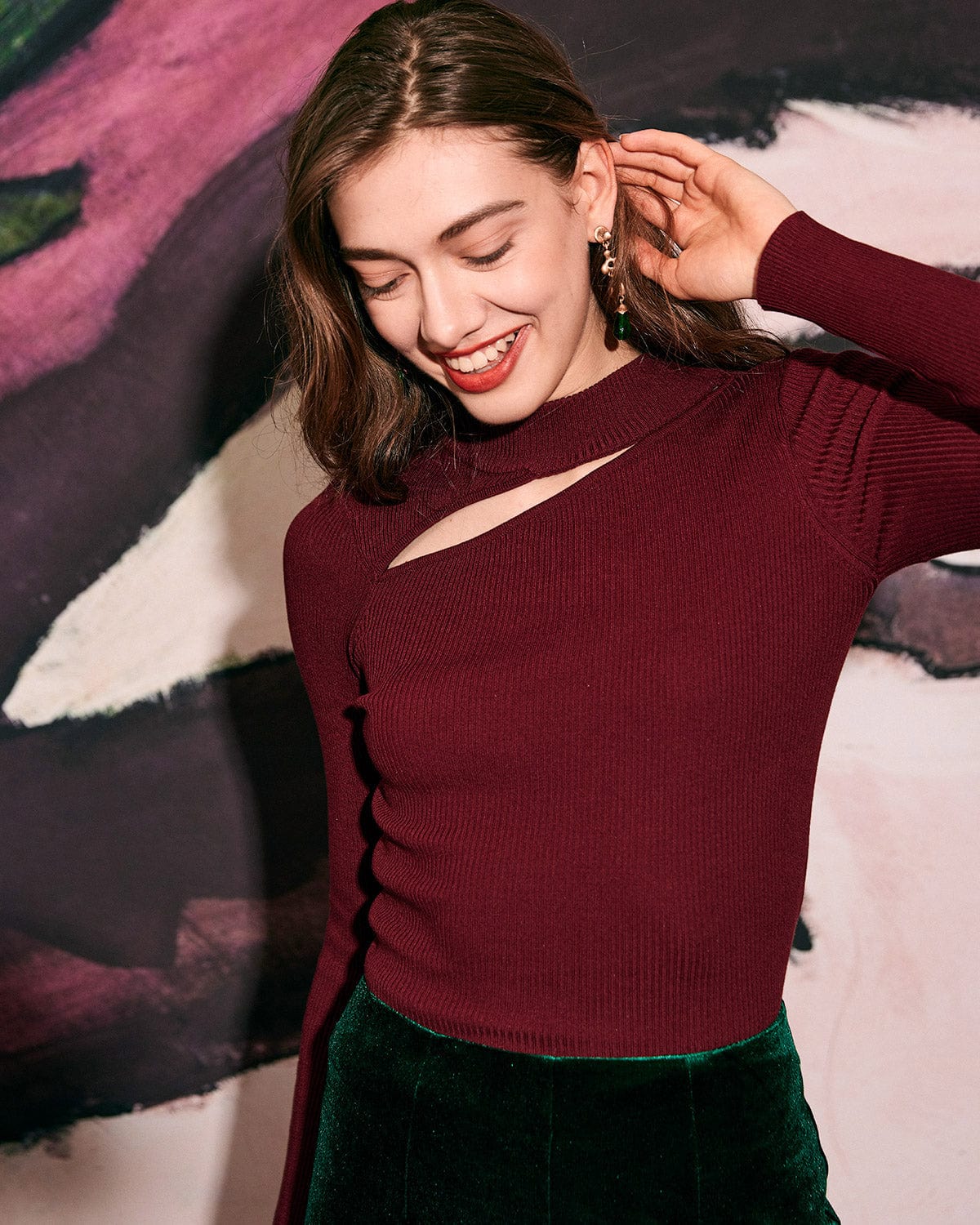 The Wine Red Slim-Fitting Cutout Knit Top Cheap Sale Shop For