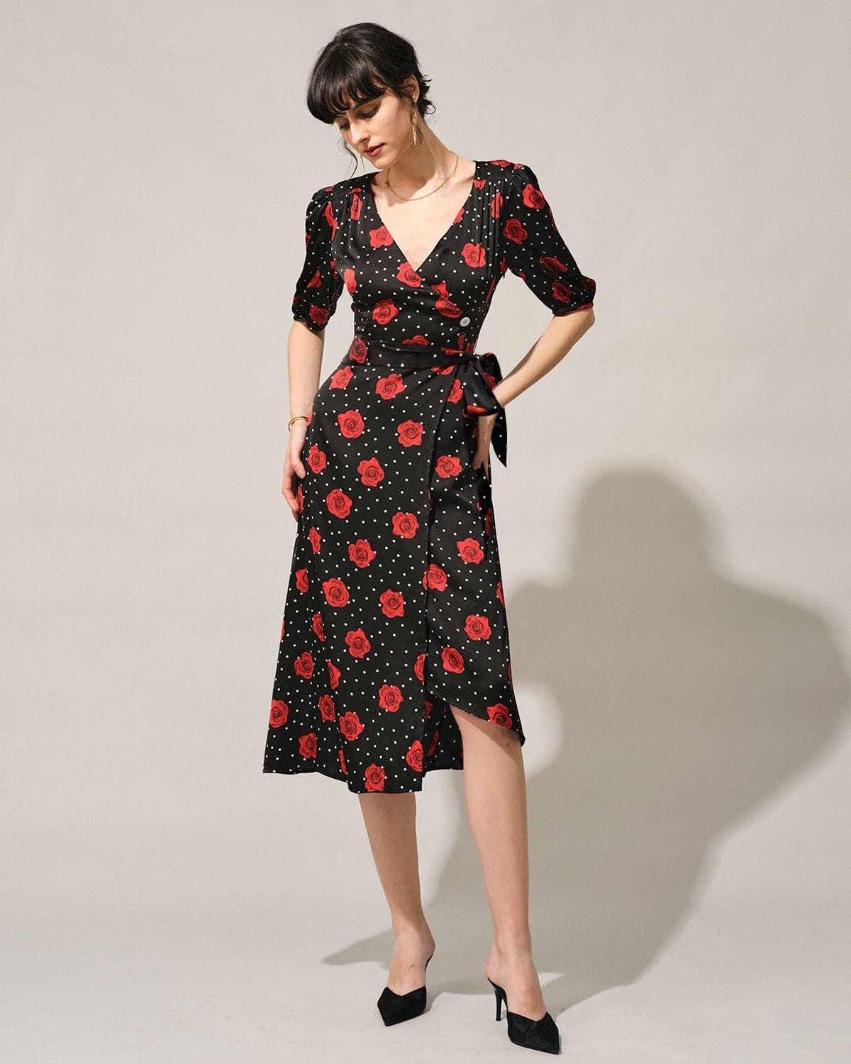 The V Neck Puff Sleeve Floral Wrap Midi Dress Discount Cost