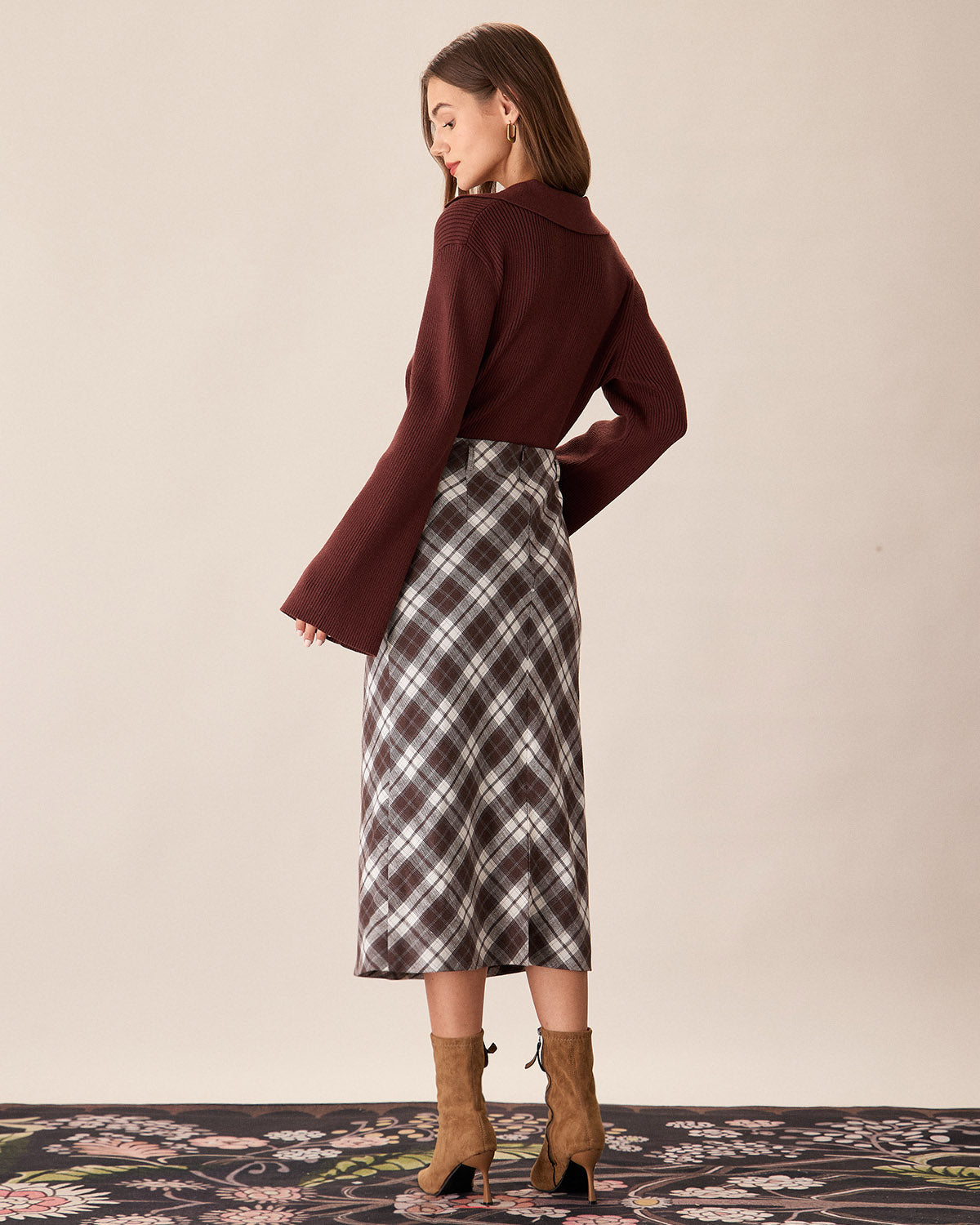 Brown Plaid Slit Satin Midi Skirt Discount Looking For