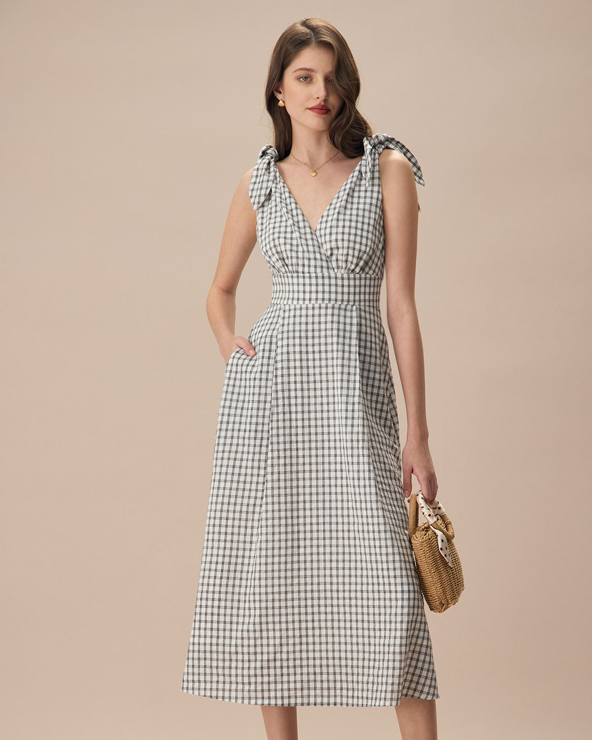 The Black V-Neck Plaid Tie Strap Cotton Midi Dress Best Store To Get Cheap Online