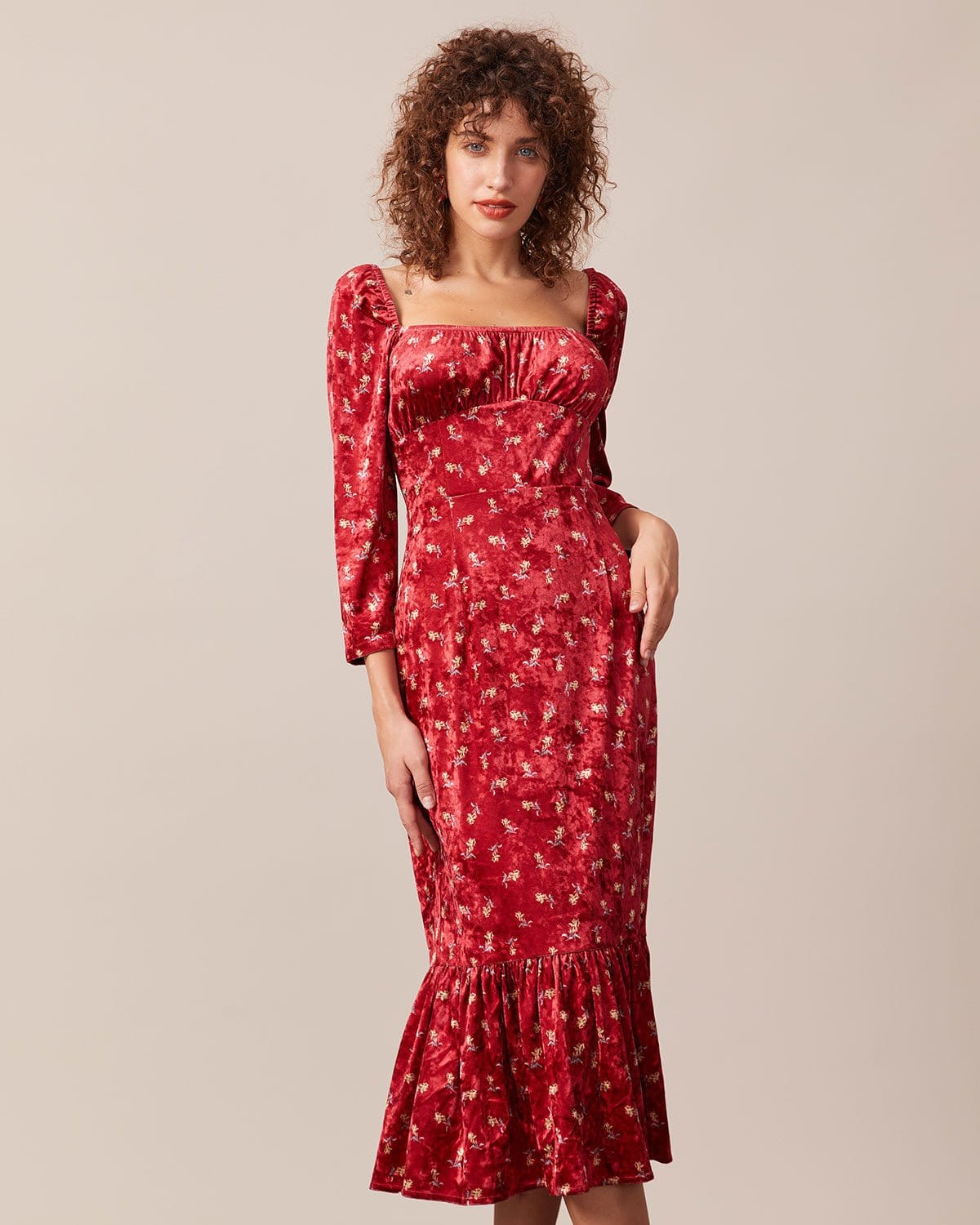 The Red Square Neck Floral Velvet Midi Dress 2025 Cheap Online