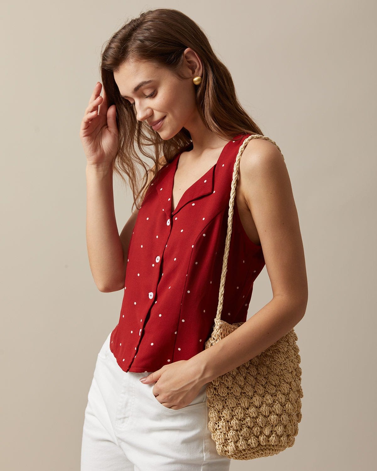 The Red V Neck Polka Dot Print Sleeveless Vest Discount Visit New